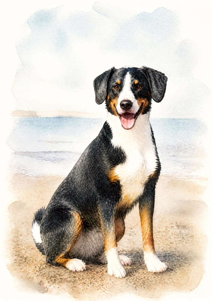 Watercolour style portrait of a dog on the beach