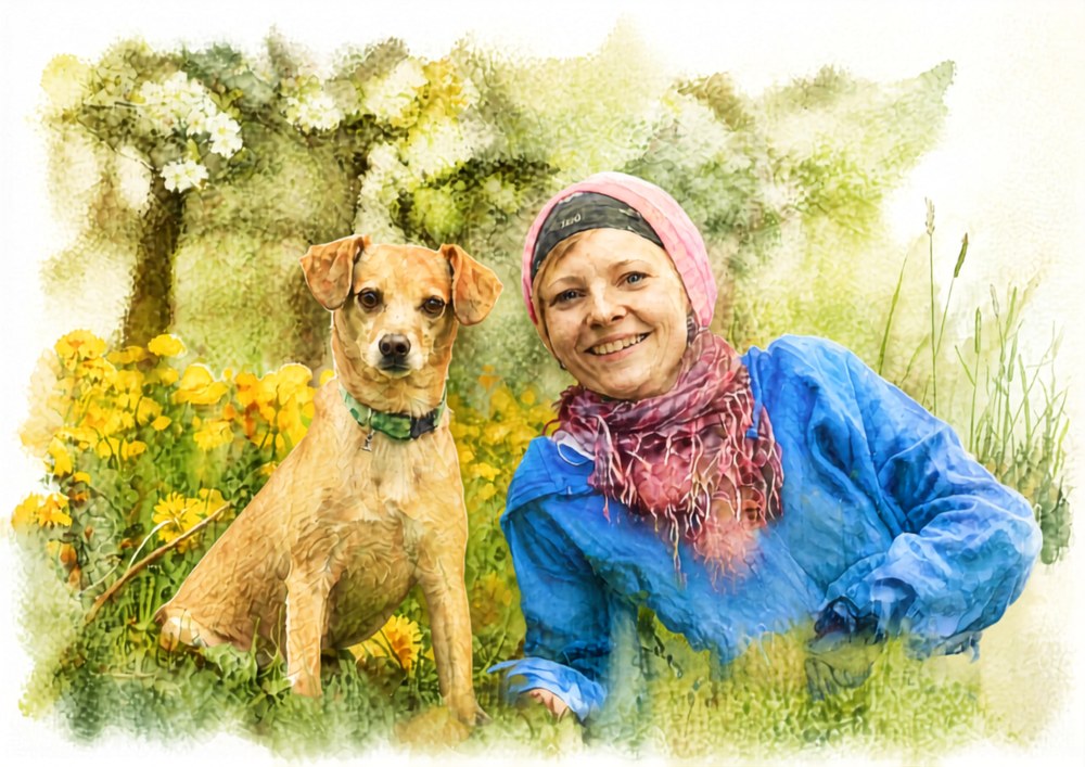 Watercolour style portrait of a woman and her dog