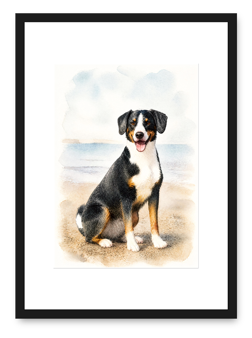 Full-scene portrait of a dog on the beach in a black frame