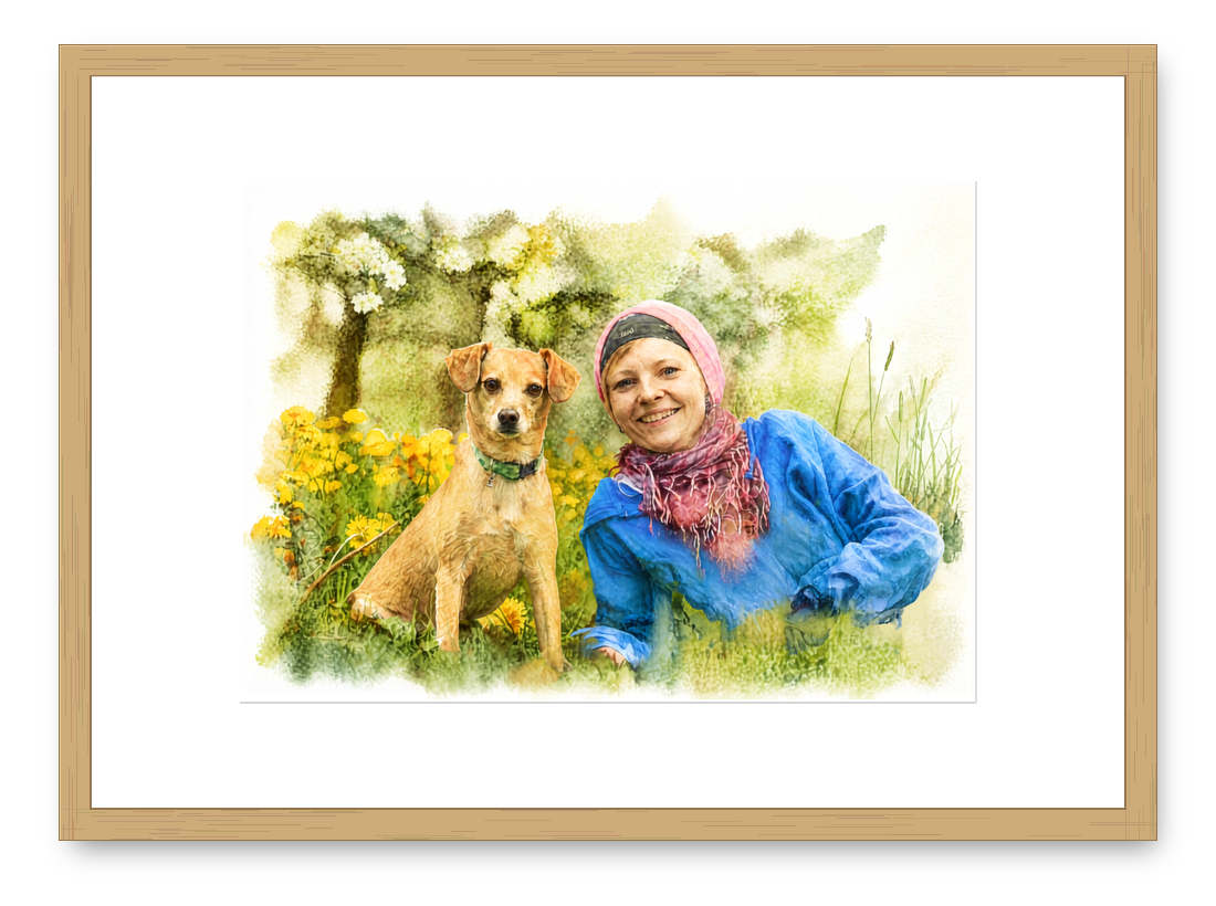 Landscape portrait of a woman and her dog in an oak frame