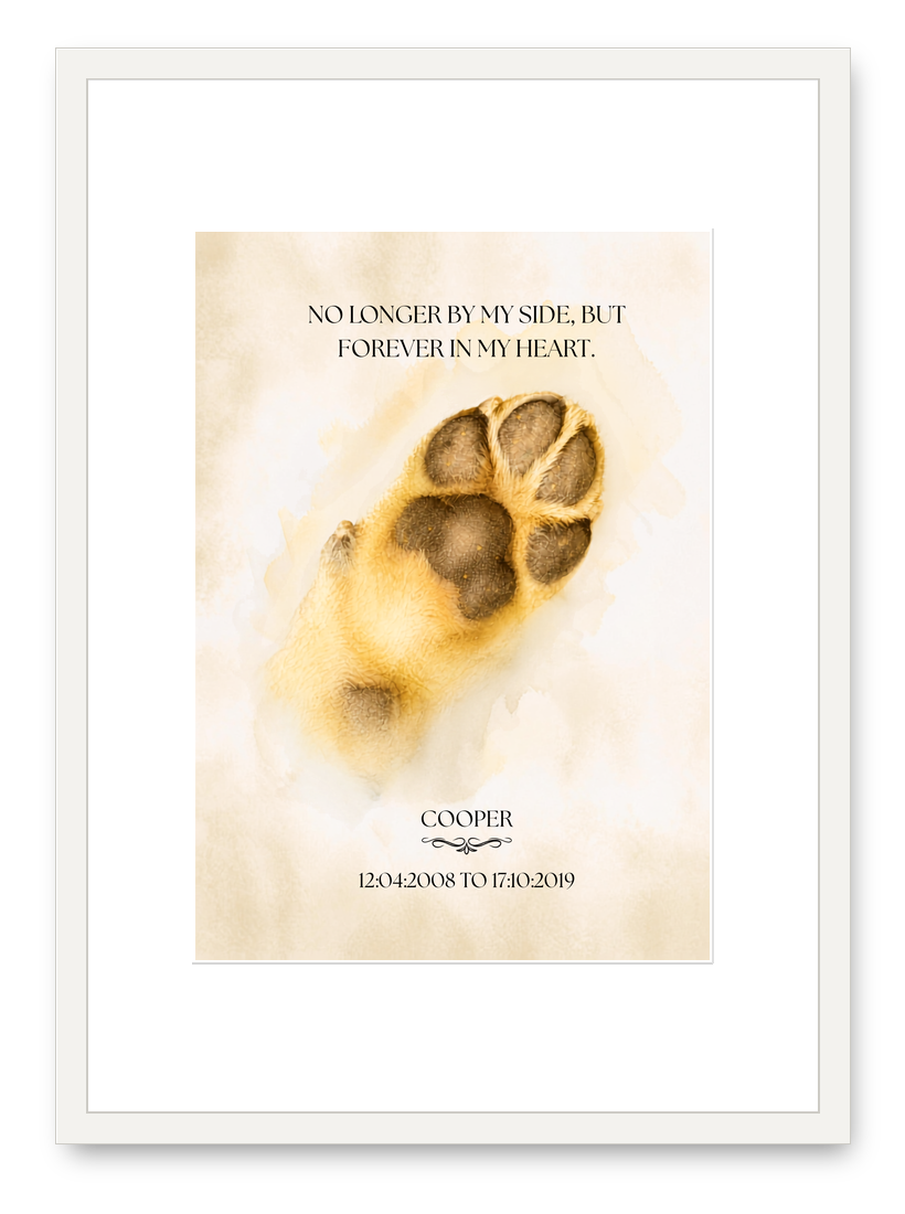 Paw print memorial in a white frame